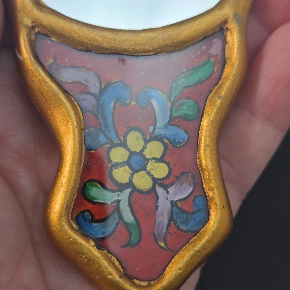 Vintage Peruvian Folk Art Hand Mirror Wood Painted Floral Gold Gilt Cusco Style